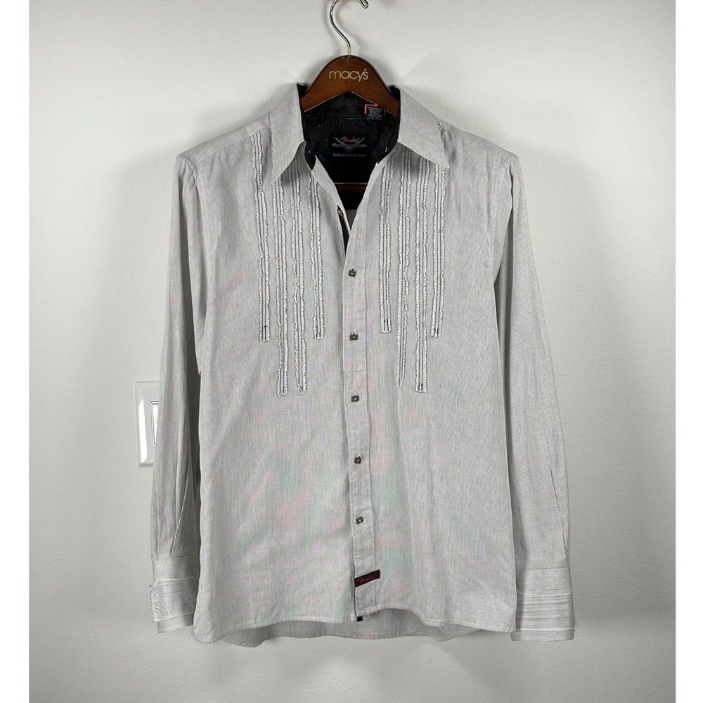 Vintage Fender Rock & Roll Religion White Pinstripe Button Up Shirt Y2K Western